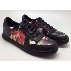 Женские летние кожаные кроссовки Gucci черные с цветами