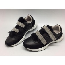 Женские осенние кожаные кроссовки Brunello Cucinelli черные с отделкой из меха с липучками