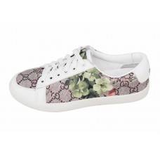 Женские летние кожаные кроссовки Gucci серые с цветами