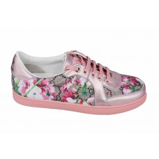 Женские летние кожаные кроссовки Gucci серебристые с розовым