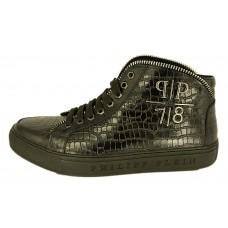 Мужские высокие осенние кроссовки Philipp Plein кожаные черные