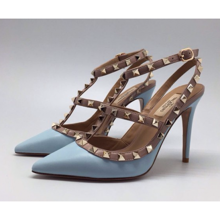 Эксклюзивная брендовая модель Женские летние кожаные туфли Valentino Garavani Rockstud голубые