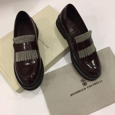 Эксклюзивная брендовая модель Женские осенние кожанные ботинки (дерби) Brunello Cucinelli бордовые на низком каблуке