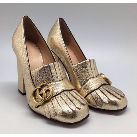 Эксклюзивная брендовая модель Женские летние кожаные туфли Gucci Marmont золотые с пряжкой