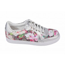 Женские летние кожаные кроссовки Gucci серебристые с цветами