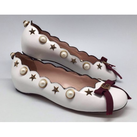 Эксклюзивная брендовая модель Кожаные балетки Gucci белые с жемчугом