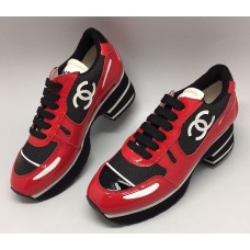 Женские лаковые кожаные кроссовки Chanel EX Sport красные на каблуке