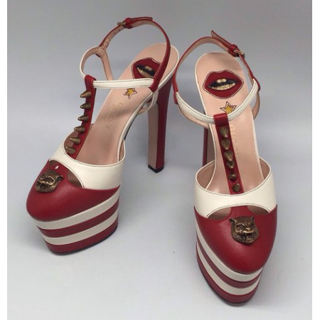 Эксклюзивная брендовая модель Женские летние кожаные туфли Gucci красно-белые на платформе